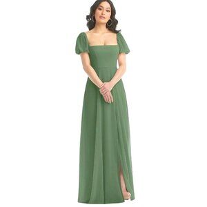 NEW After Six Puff Sleeve‎ Chiffon Maxi Dress w/ Front Slit, Vineyard Green, 14